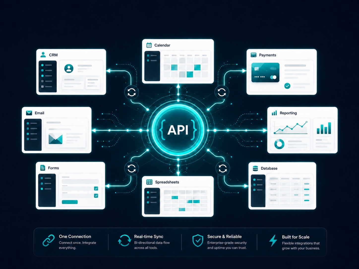 API integration hub diagram: a central API connects CRM, calendar, payments, email, reporting, forms, spreadsheets, and database tools with real-time two-way sync